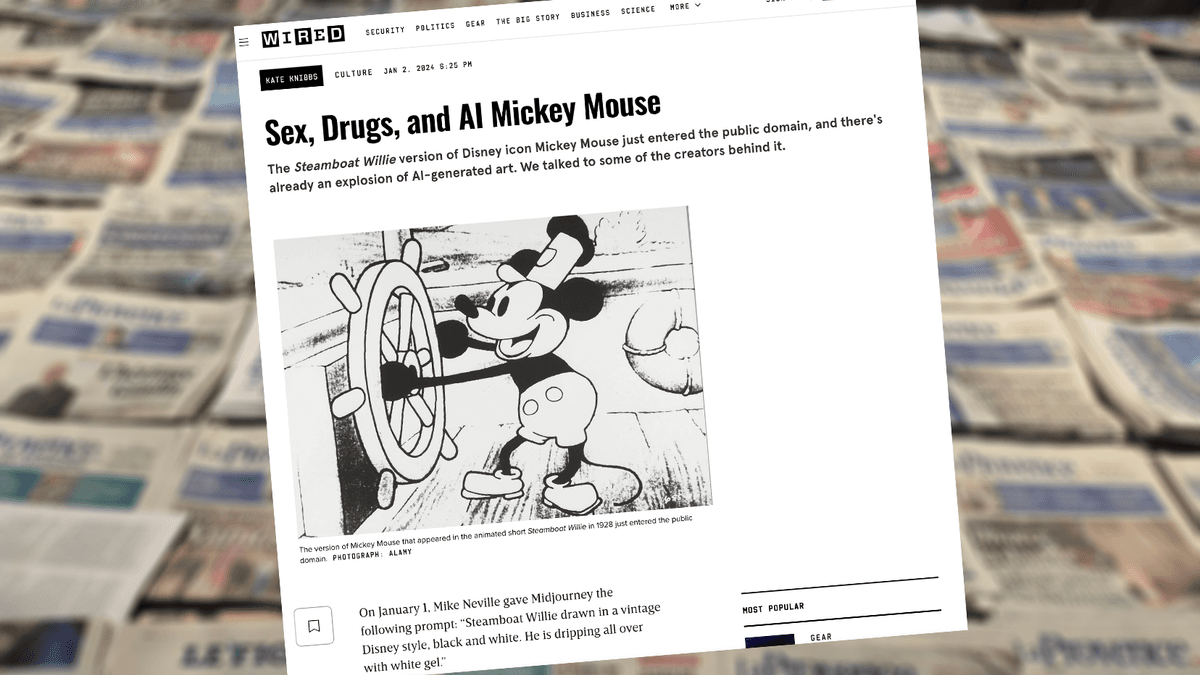 Wired: a fine-tuned version of Stable Diffusion based on public domain stills of Mickey Mouse